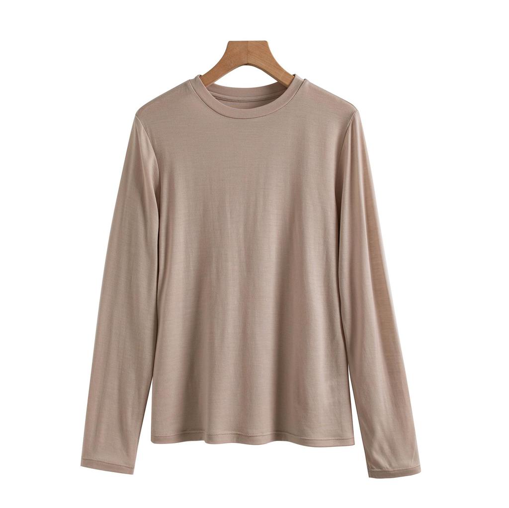 2025 Autumn Slimming Round Neck Silk Wool T-Shirt - Warm, Skin-Friendly, Solid Color