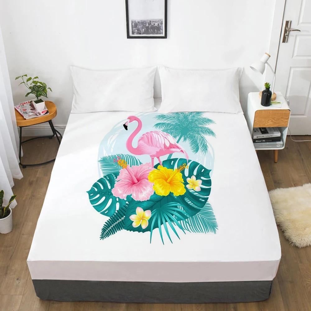 Bedding Mattress Cover Bed Fitted Sheets With Elastic Band Linens Queen/King Size Bedsheet 90/150/160X200CM Watercolor Flamingo
