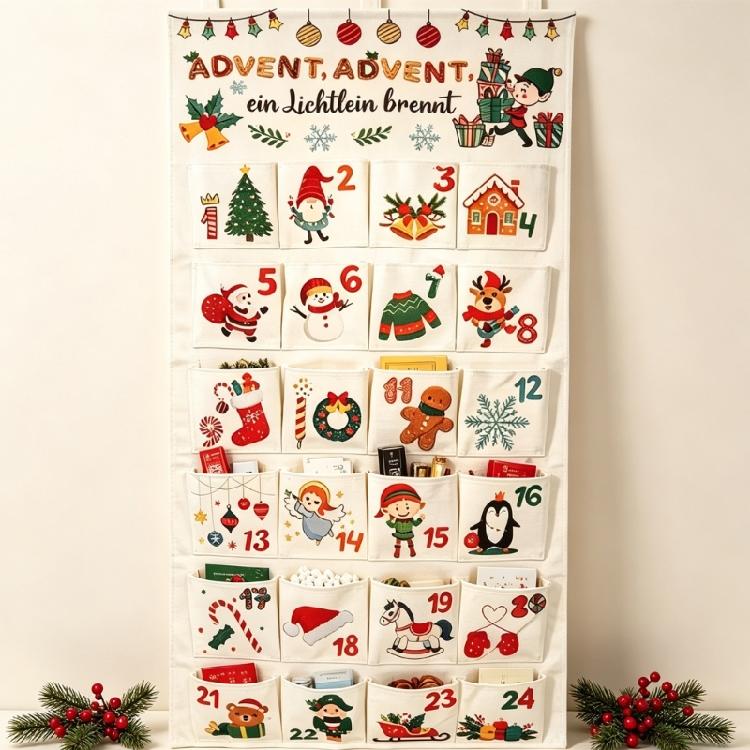 Christmas Advent Calendar, Hanging Fabric Pocket Chart with 24 Numbered Compartments for Candy, Small Gift, or Holiday Messages
