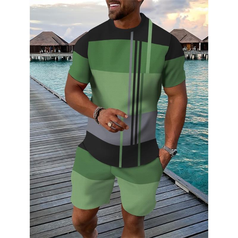 Summer Bestseller T-Shirt Set Color-Block Striped Short-Sleeve T-Shirt & Shorts Set Casual Outdoor Running Fitness Set