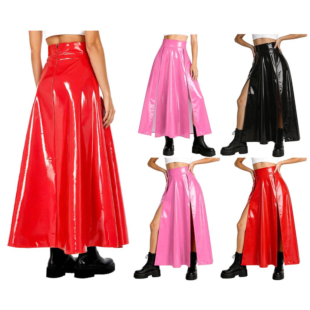 Damen Lackleder Hoher Schlitz Rock Hinten Unsichtbarer Reißverschluss Hohe Taille Minirock für Club Rave Musikfestival Karneval Party Ausgehen
