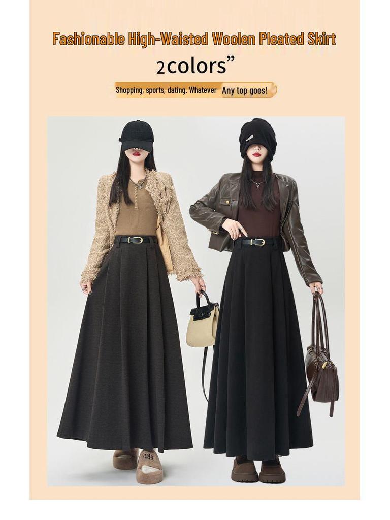 Women's High-Waist Wool Pleated A-Line Skirt - Autumn/Winter Mid-Length Swing Skirt