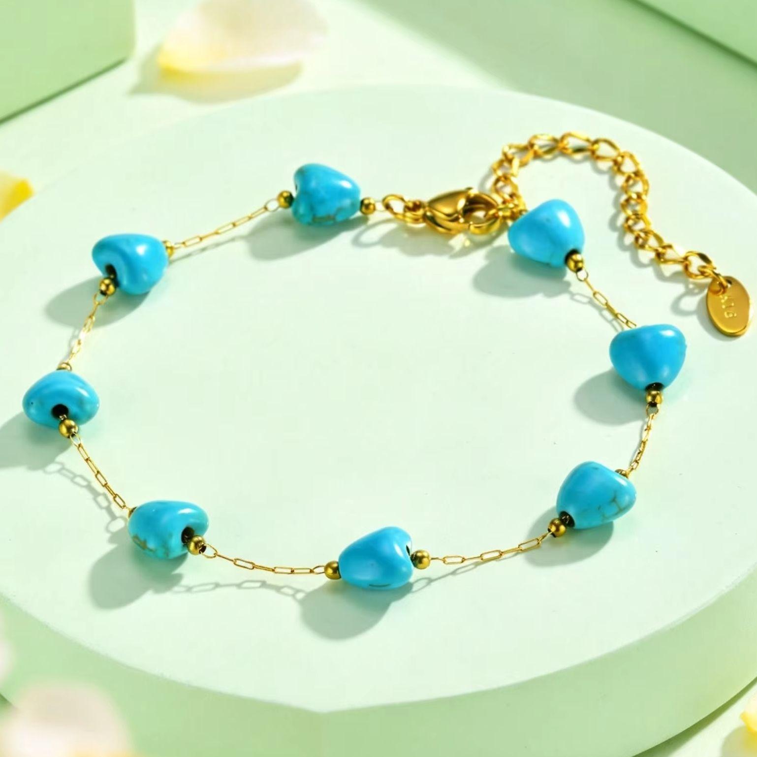 Stainless Steel Heart-Shaped Turquoise Anklet for Women Heart Chian Foot Jewelry Vintage Accessories Gift No Fade
