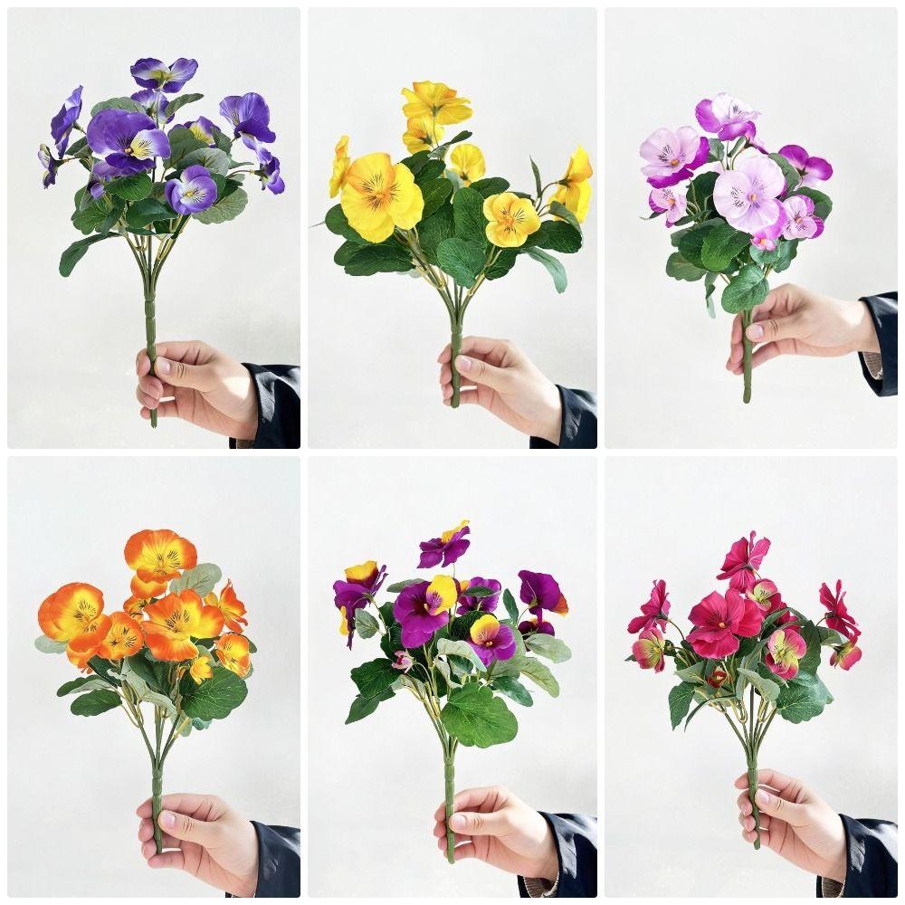 30cm Artificial Pansy Flowers Bouquet UV Resistant Five Fork Silk Fake Flowers Silk Tricolor Violet Artificial Green Plants