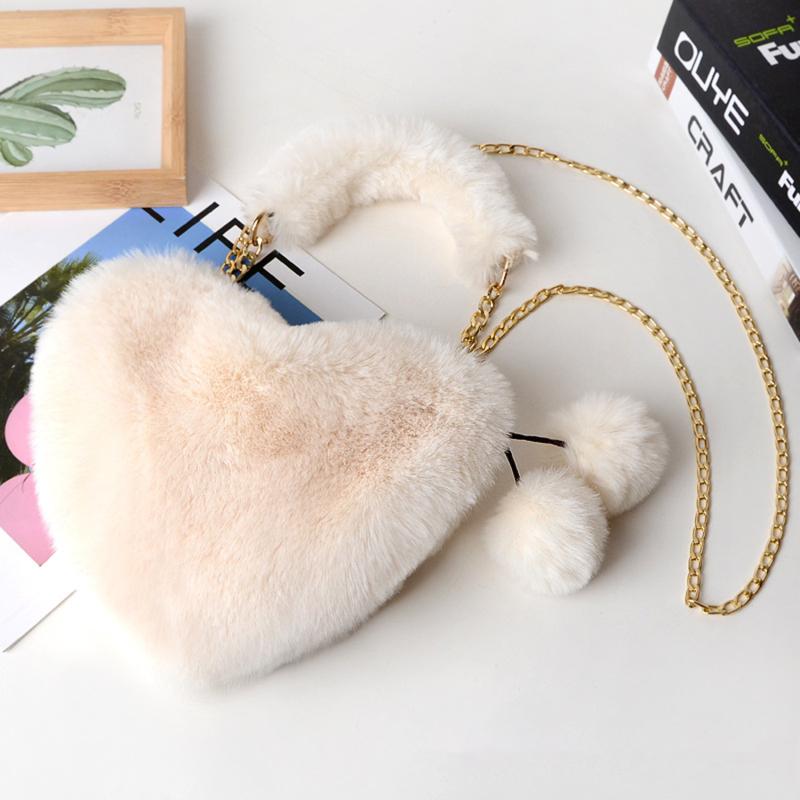 Fashionable Women's Faux Fur Cute Heart-shaped Portable One Shoulder Plush Crossbody Bag Cute Chain Bag Valentine's Day Gift