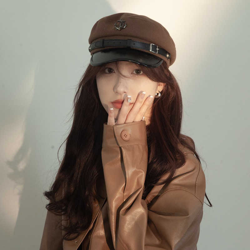 Japanese Retro Anchor Tag Punk Navy Hat Autumn and Winter New Windproof Versatile Hat Women British Style Beret Trend