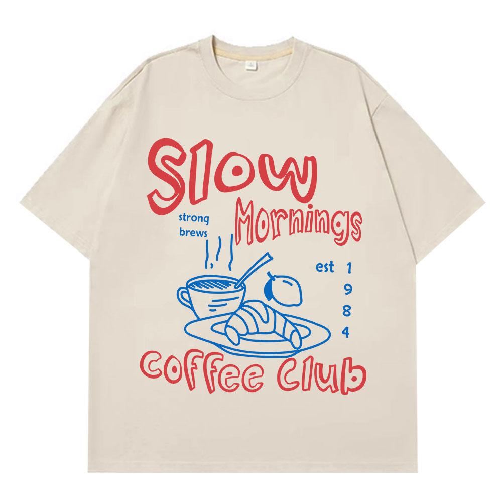 

Slow Mornings Graphic T-shirts Trendy Coffee Club T-shirt Retro Coffee and Croissant T Shirt Breakfast Club Cotton Casual Tees S разноцветный