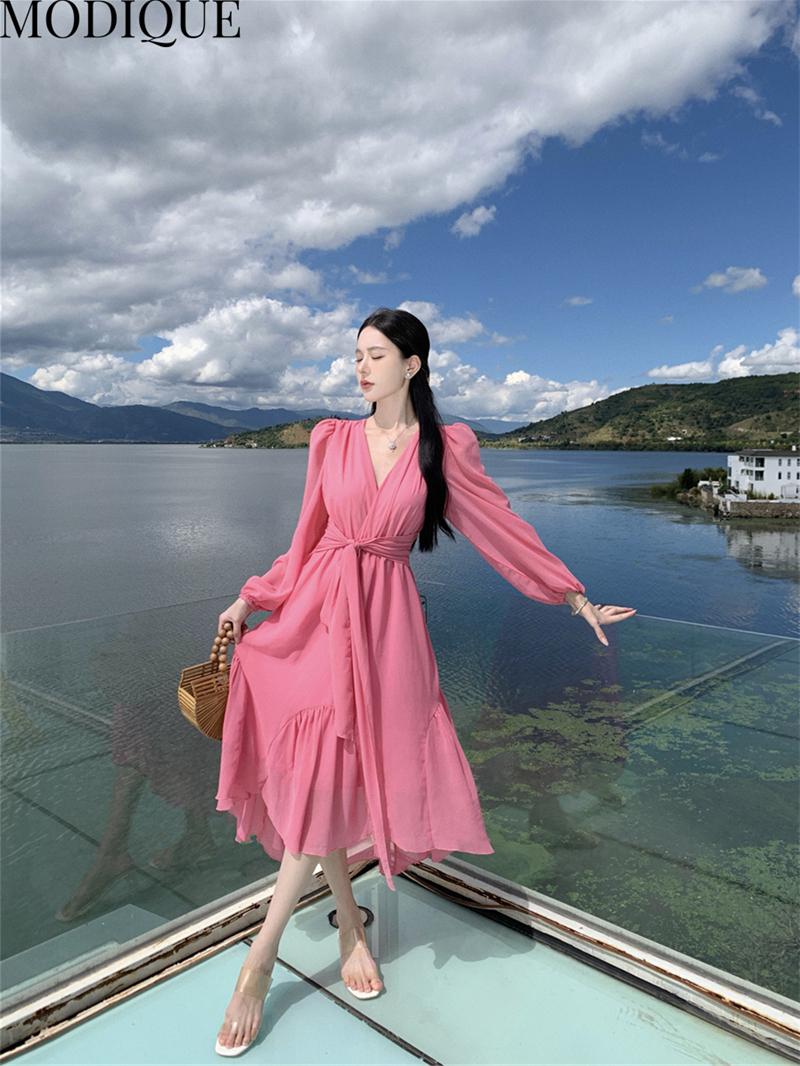 

MODIQUE весна-лето женские элегантные повседневные пляжные сетчатые марлевые шифоновые девичьи длинные платья праздничные женские феерические однотонные платья сладкой атмосферы M розовый