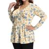 Cămașă de damă plus size cu mânecă lungă, top cu imprimeu plisat casual cu gât în V