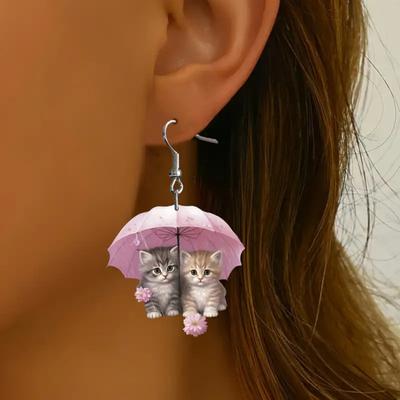 1 Pair Women Earrings 2D Cat Under Umbrella Shape Acrylic Sweet Style