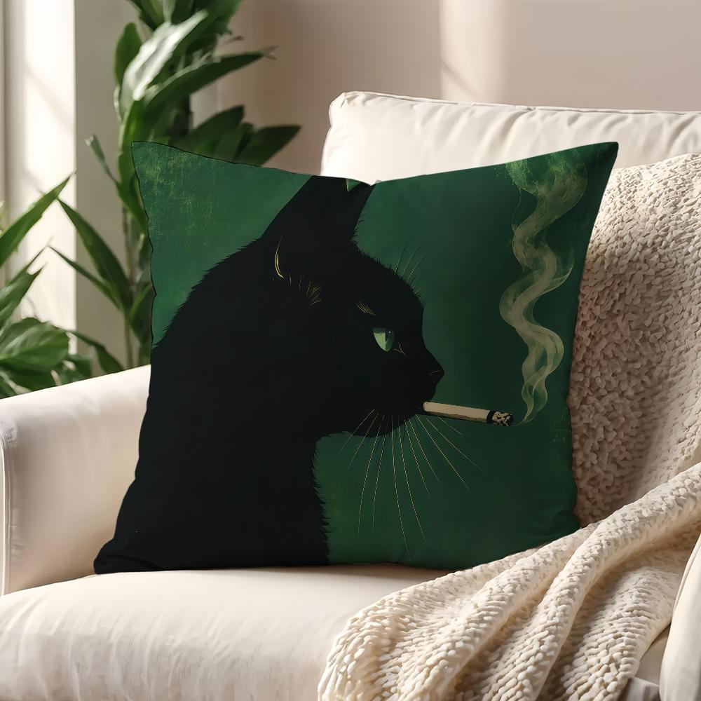 A Vintage Black Cat Smoking Cushion Cover For Pillow Printing Sofa Decoration Home Car Room Coffee Shop Office Nordic Simplicity