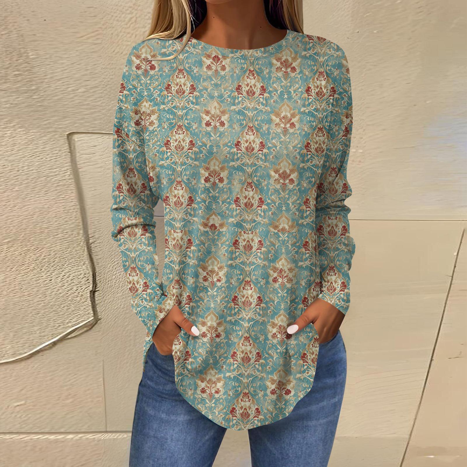 

Рубашки для женщин Милые винтажные узоры с принтом Футболка с длинным рукавом Туника Топы Хлопковые пуловеры S зелёный