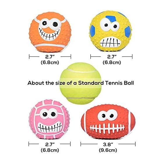 SCHITEC Dog Ball Toy with Sound Chewing [Set of 4, Baseball, Soccer, Volleyball, Rugby] Dog Toy, Tooth Brushing, Sound Dental Toy, Strong and