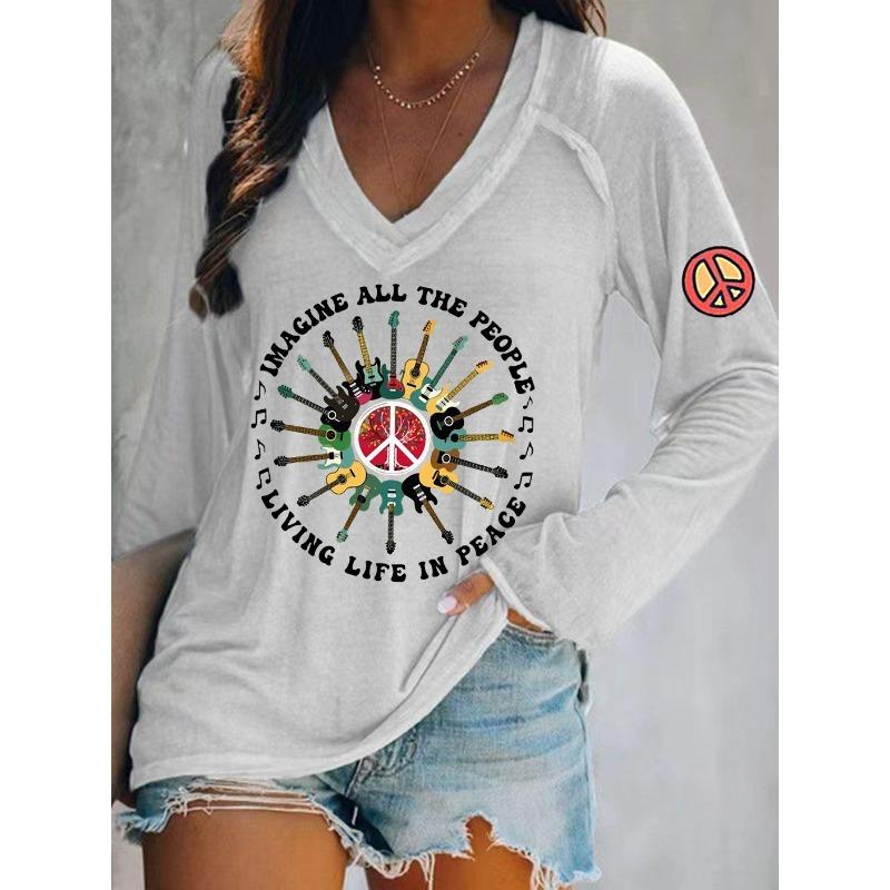 T-shirts Imprimés Style Hippie pour Femmes Ilstile Printemps Été Manches Longues Col en V Hauts Décontractés Amples Nouveauté