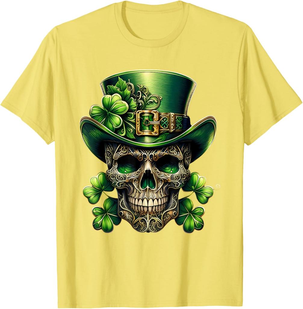 Leprechaun Skull St Patrick Day Shamrock Graphic Print Men's Cotton T-Shirt Daily Wear