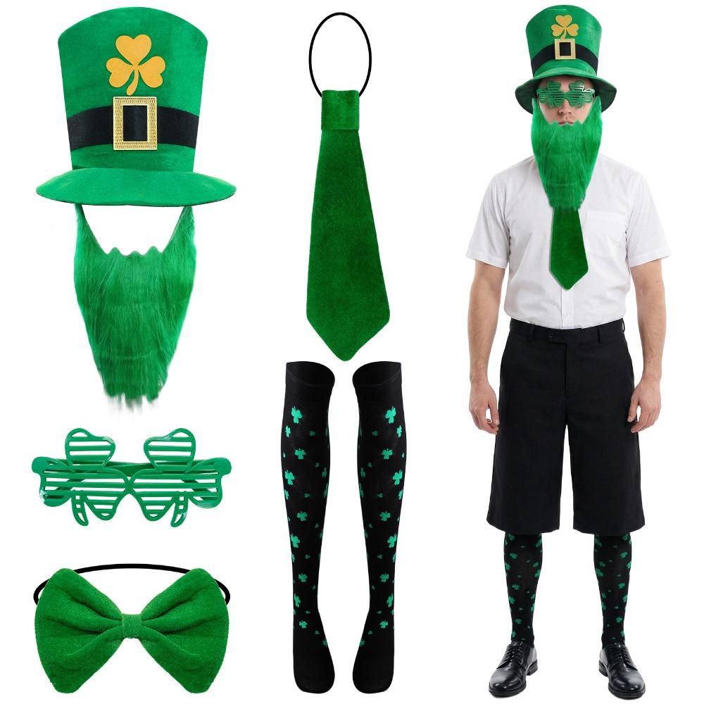 

5pcs St. Patrick s Day Party Costume Suit Green Funny Hat Bow Beard Bow Tie Beard Favors Irish Leprechaun Costume Accessory Option 1