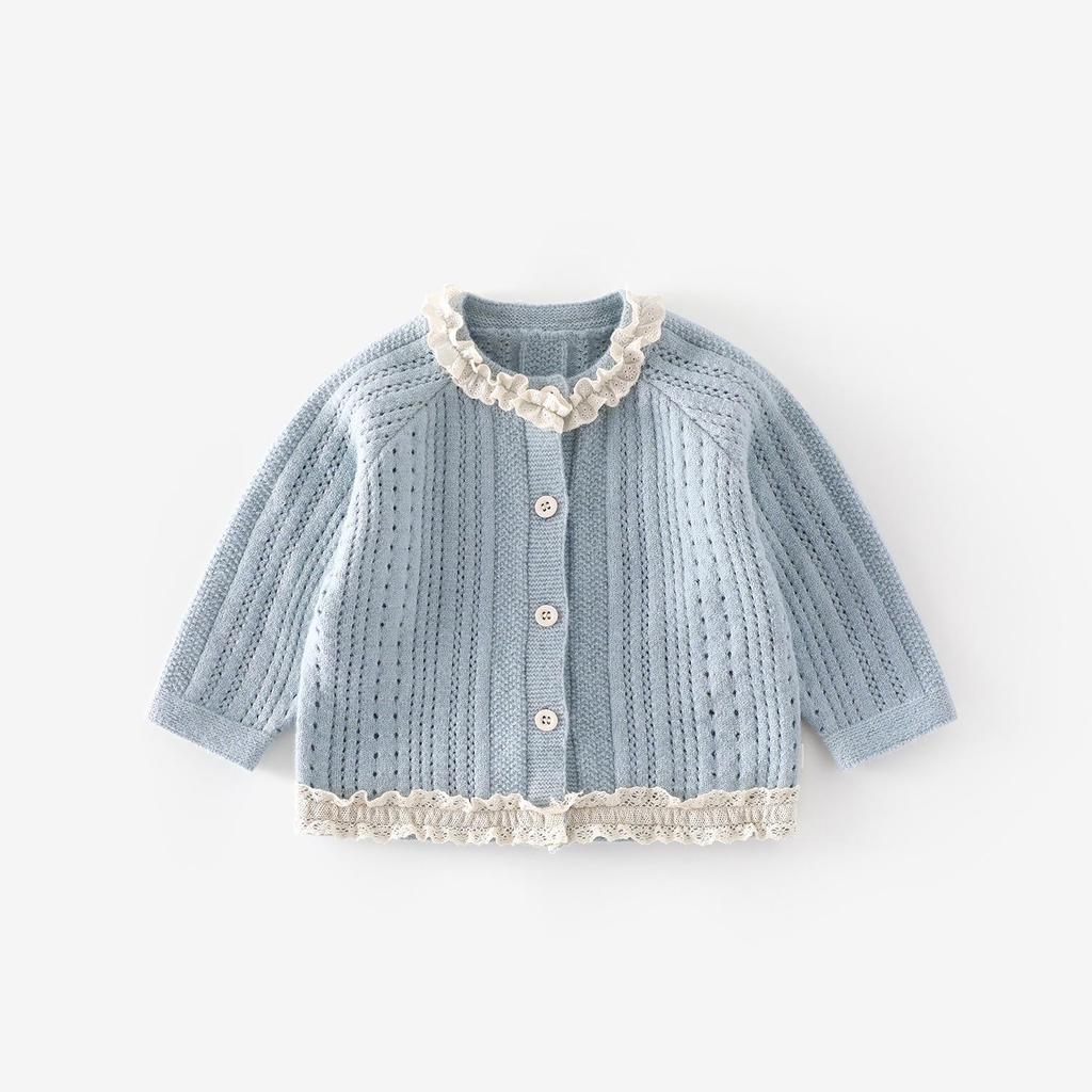 Girls' Autumn Knitted Cardigan with Lace Collar – Stylish Korean-Style Children's Fashion.