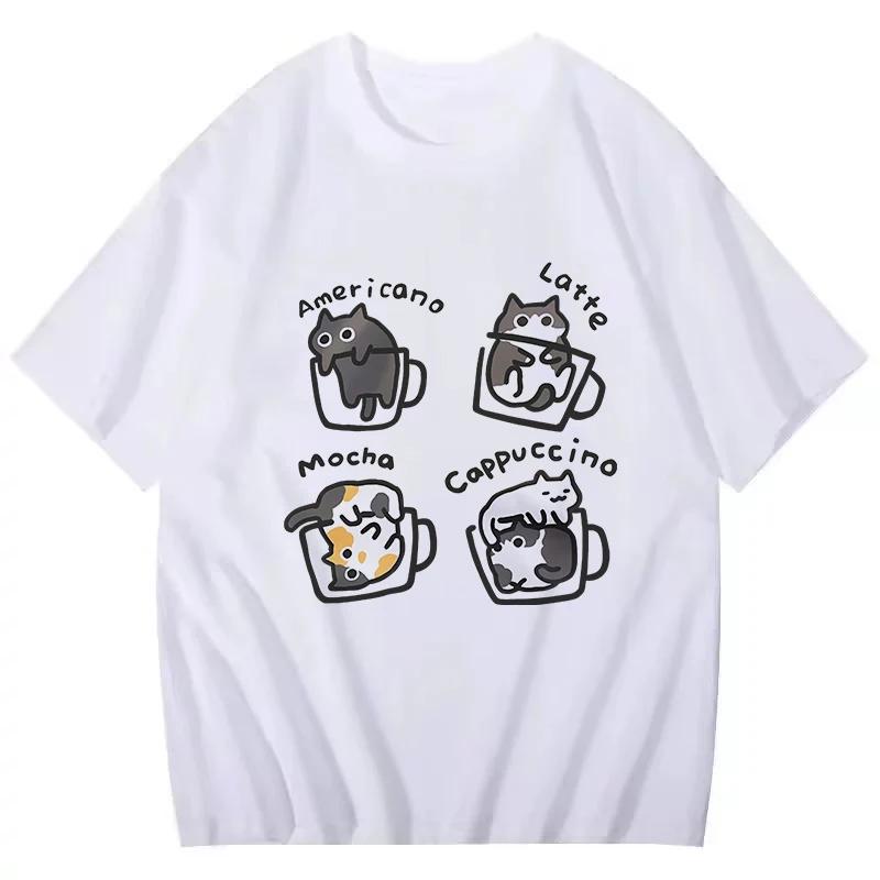 Camiseta Retro americana a la moda para mujer camisetas de veranocamisetas divertidas de gato y café ropa gráfica ropa de