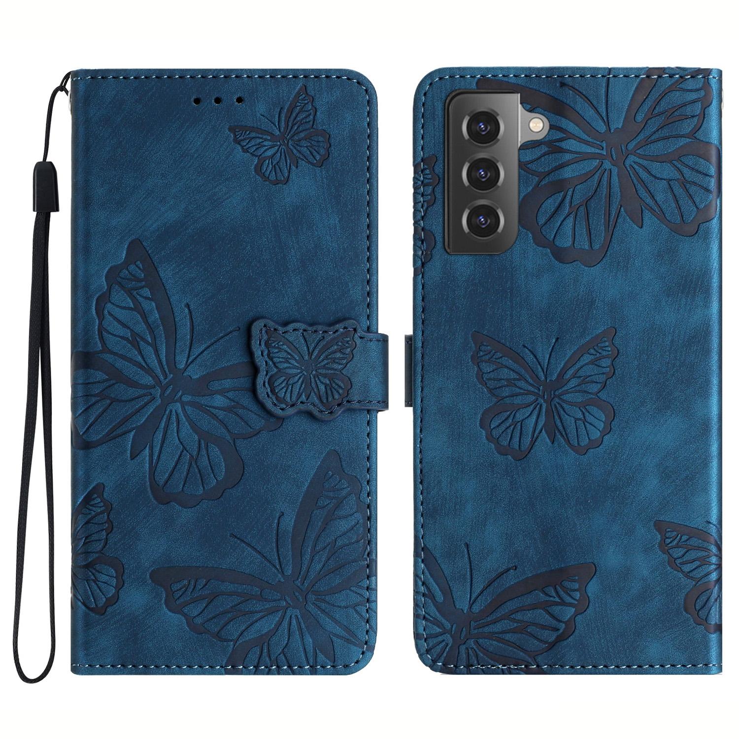 

For Samsung Galaxy S22 5G Wallet Phone Case Skin-Touch Leather Cover Butterfly Imprinted Stand Phone Shell Blue