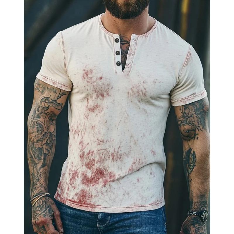 European and American semi-cardigan, casual short-sleeved digital printing slim-fit pullover Henry T-shirt top men's clothing