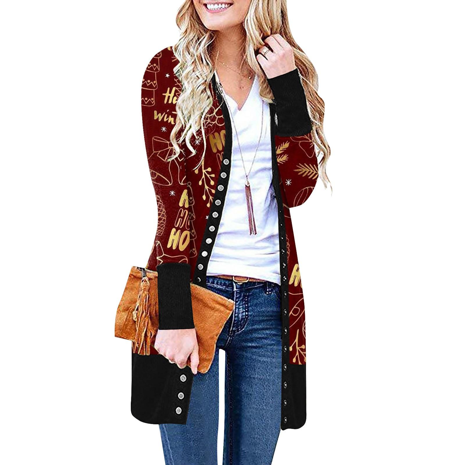 

Женский повседневный кардиган с длинными рукавами и постепенным рождественским принтом, легкая куртка XXL винный