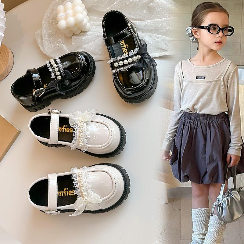Girls' Pearl Lace Bow Princess Little Leather Shoes2026Spring and summer children's solid color performance shoes for older kids