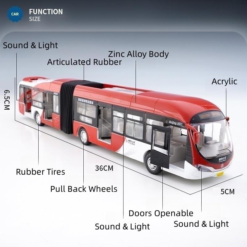 1/32 Articulated Double Section Bus Toy Car Diecast Coach Model Pull Back Doors Openable Sound & Light Collection Gift Kid Boy