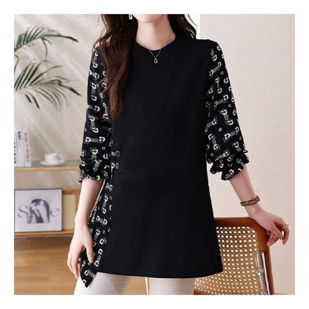 Navava Women Lettering Pattern Round Neck Long Sleeve Blouse Nb2336