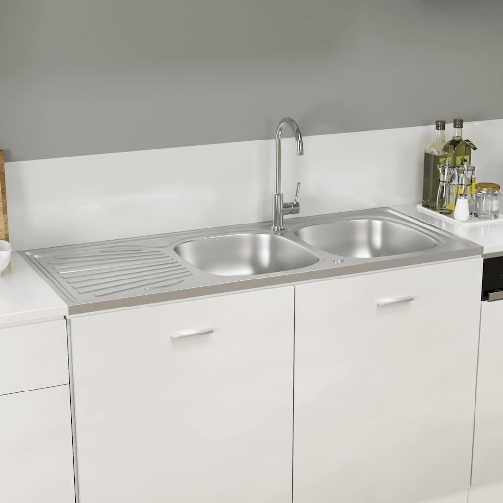 Vidaxl Double Bowl Kitchen Sink, Silver, 1200X600X155 Mm, Steel