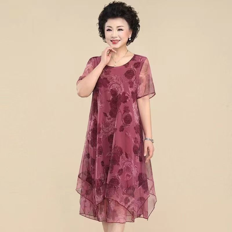 O-Ausschnitt Kurzarmkleider Vintage Blumendruck Sommer Gaze Gespleißte Damenbekleidung Stilvolles unregelmäßiges lockeres Midikleid