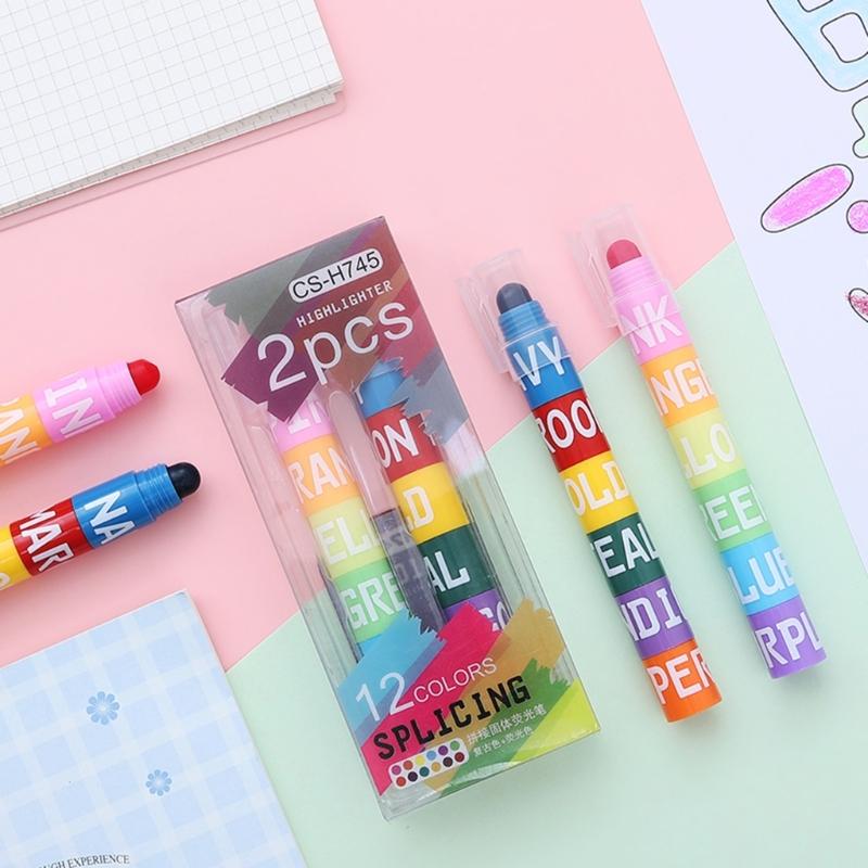 2Pcs Multicolor Highlighter 12-Color-in-1 Marker Round Broad Tip For Kid Card Making Journal Notebook Coloring Doodling