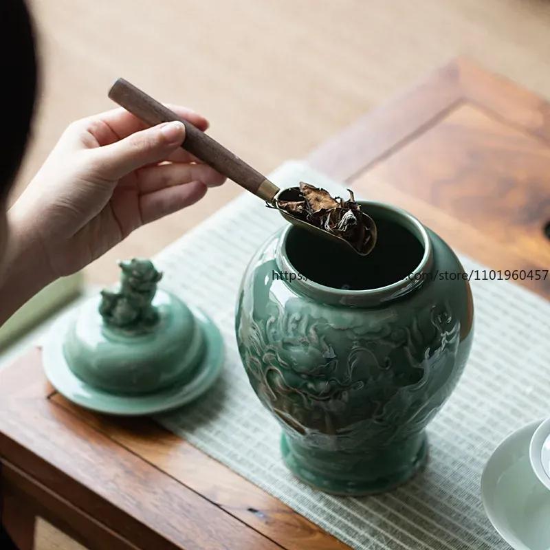 Kirin Mythical Creature Relief Ceramic Storage Jar Ginger Jar Sealed Tea Canister Desk Decoration Jewelry Box Cosmetic Container