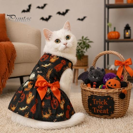 Halloween Hundekleid Lustiges Kleid, Kürbis Fledermaus Spinne Geist Aufdruck Haustier Kleines Outfit Bekleidung, Welpenrock mit Schleife für Hunde, Katzen Nicht kratzende Kleidung
