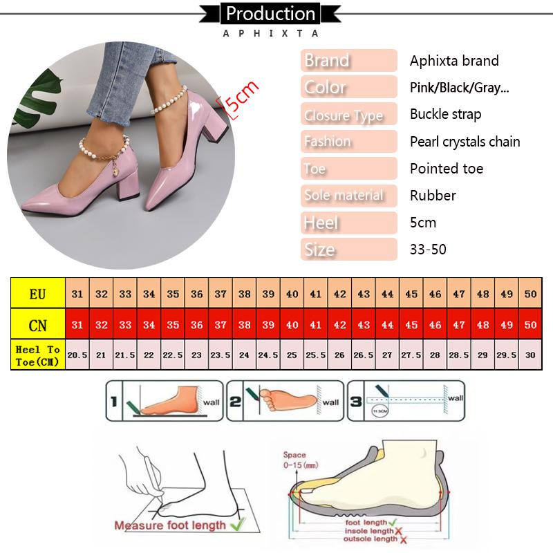 Fashion Aphixta 5cm 7cm Chunky Heels Women Pumps Crystals Pearl Chain Ankle Strap Shoes Leisure Fashion Patent Leather Plus Size 30-50