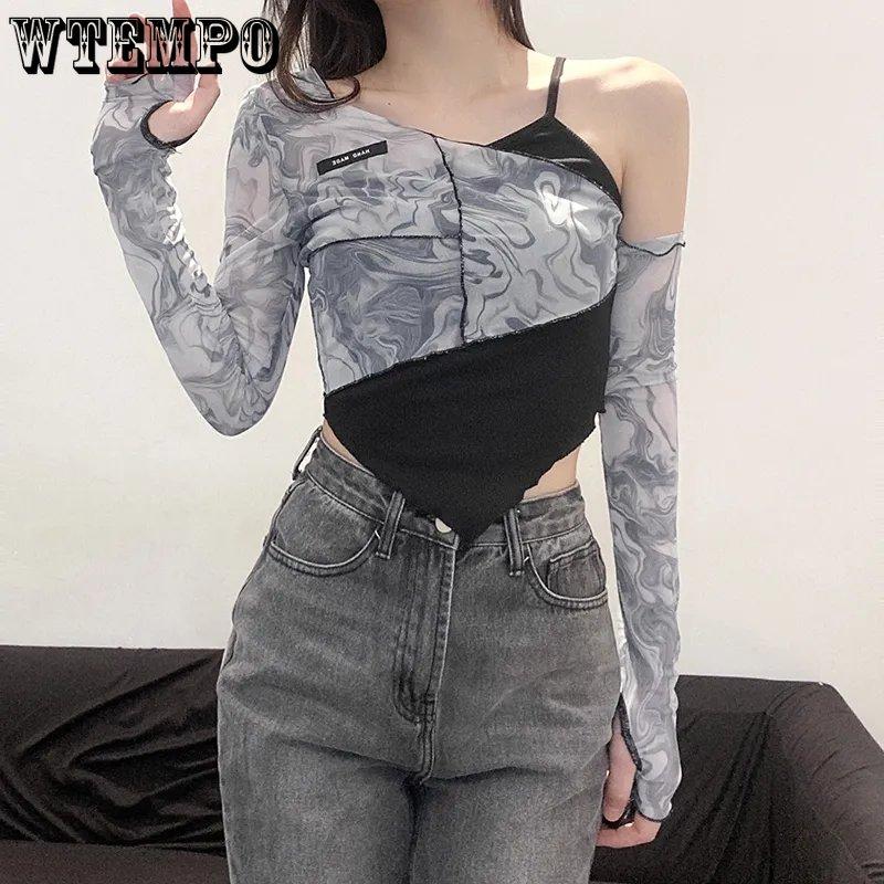 WTEMPO Dámské šik síťované patchworkové tričko s dlouhým rukávem + vnitřní přiléhavý top na ramínka, asymetrické falešné dvoudílné zkrácené topy