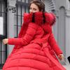 Winter Women Cotton Jacket Detachable Hood Neck Protection Long Sleeves Pockets Knee Length Zipper Closure Padded Coat Solid Color Windproof Outwear