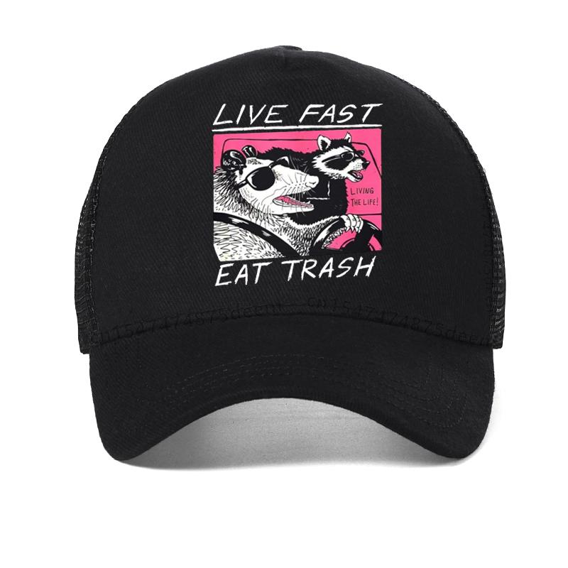 Live Fast! Eat Trash! funny hat Hot Sale New Hip hop hats For Men Cotton Dad Hat summer Mesh Breathable hats