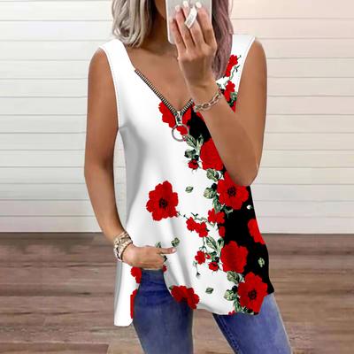 Damen-Top, Sommer-Bergtop mit Rosen-Aufdruck, lässig, Übergröße, ärmellos, Reißverschluss, V-Ausschnitt, Tanktop