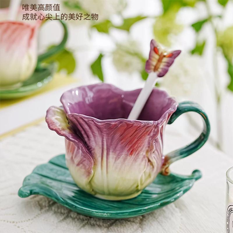 Tulip Ceramic Coffee Cup Saucer and Spoon Exquisite for Afternoon Tea Flower Tea and Coffee Creative Embossed Flower Mug Gifts