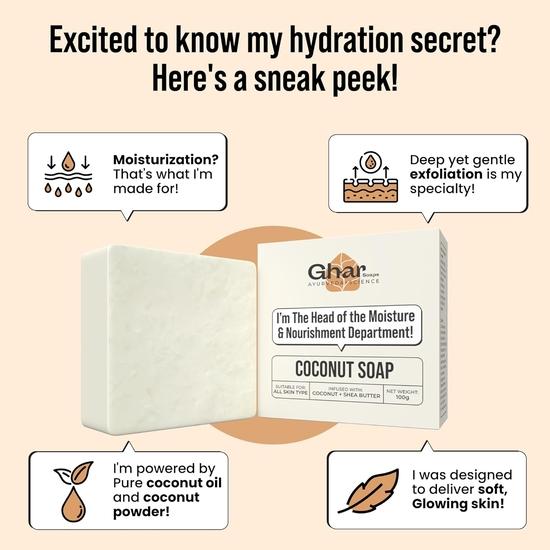 Ghar Soap Coconut Soap with Shea Butter| All Skin Types| Moisturising and Nourishing |100g