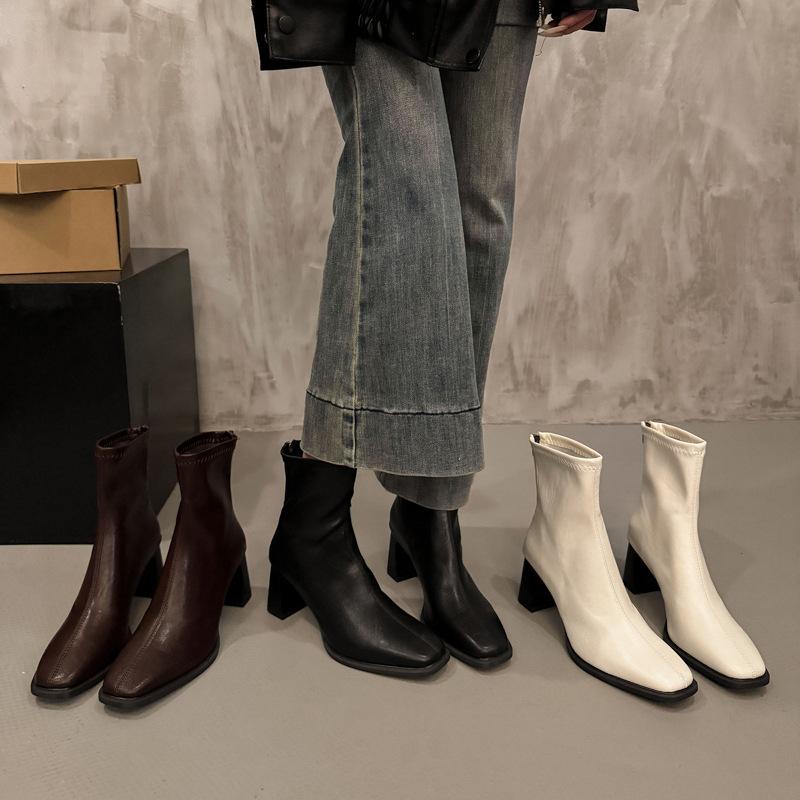 Black High-heeled Short Boots for Women's Autumn and Winter New French Retro Square Head Thin Boots Versatile Thick-heeled Martin Boots for Women's S