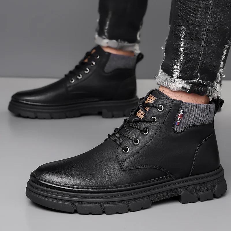 Fashion Men's Winter High Top Lace-Up Boots Thermal Lined Warm Leather Casual Shoes Waterproof Outdoor Platform Sole Ankle Boots