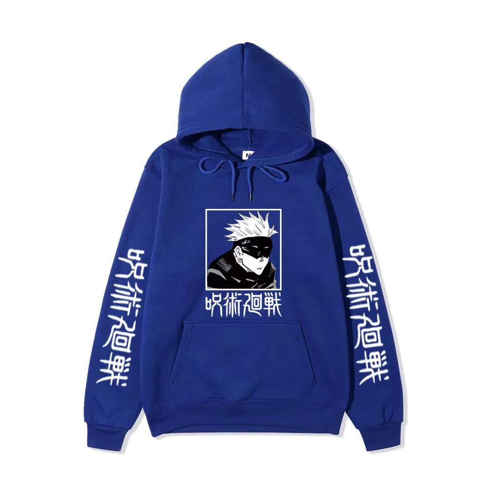 Men Women Fleece Hoodie Gojo Manga Art Two Sleeve Vertical Japanese Characters Casual Anime Hooded Sweatshirt