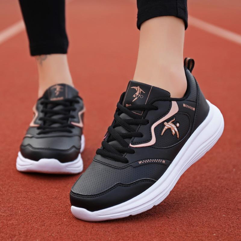 Women's shoes leather surface waterproof sports shoes spring lightweight soft sole running shoes women's casual shoes black shoes female brand