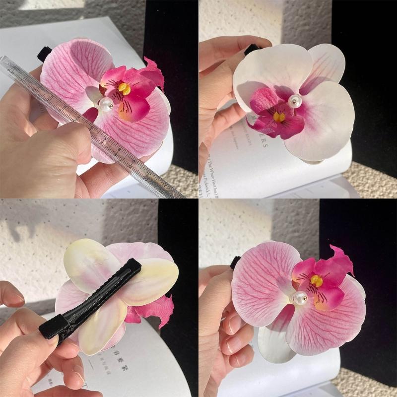 Set of 2 French Floral Hair Grip Pink Orchids Flower Hairpin Stylish Hair Grips for Girl Sweet Side Barrettes Jewelry