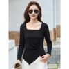Autumn New Slim Fit Square Neck Ruched Waist Slimming Top Asymmetric Design T-Shirt for Women
