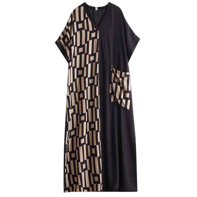 Summer New Printing Thin V-neck Short-sleeved Color Collision Splicing Black Long Dresses