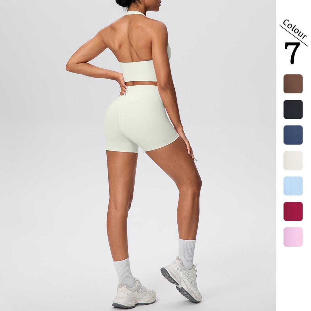 European & American Halter Sports Bra and High Waist Yoga Shorts Set for Women