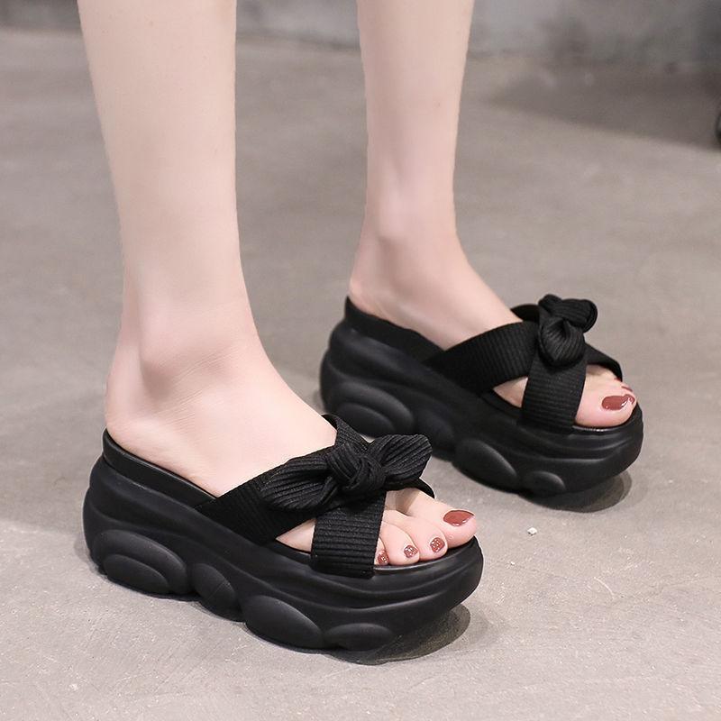 Thick-bottomed muffin slope heel slippers women's summer wear fashion bow cross versatile word sandals