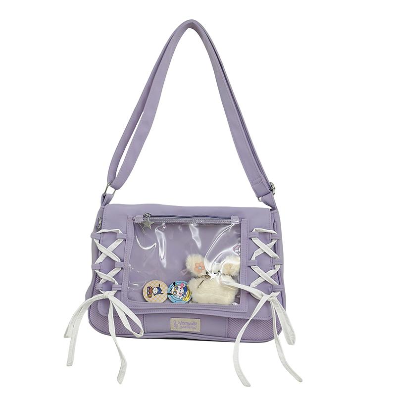

New Fashion Casual Women Messenger Bags Clear Window College Girls Bookbag Pin Display Ita Crossbody Bag Nylon Shoulder Purse